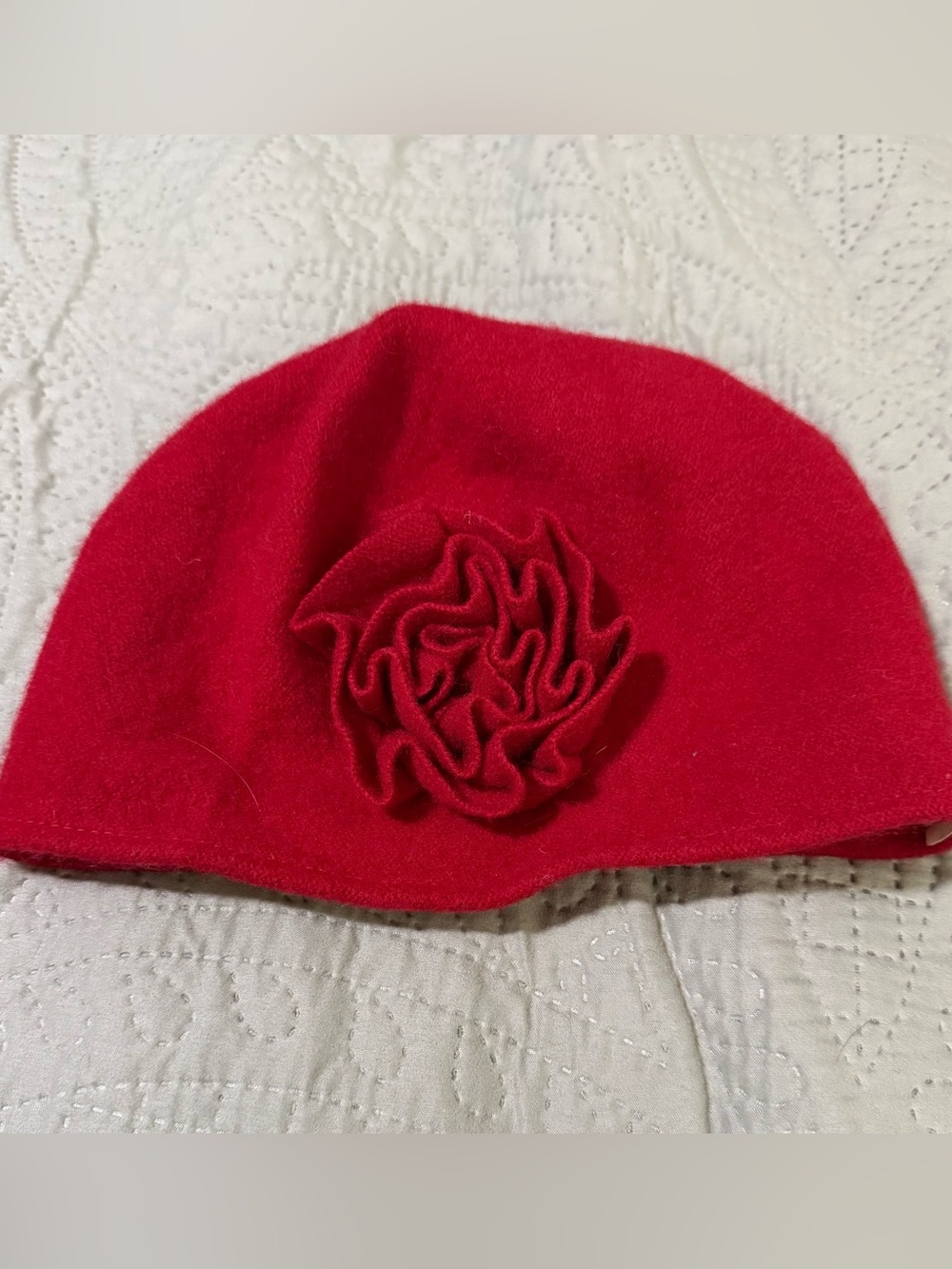 New Boiled Red wool cloche / beanie hat with a ruffled rosette/flower OS